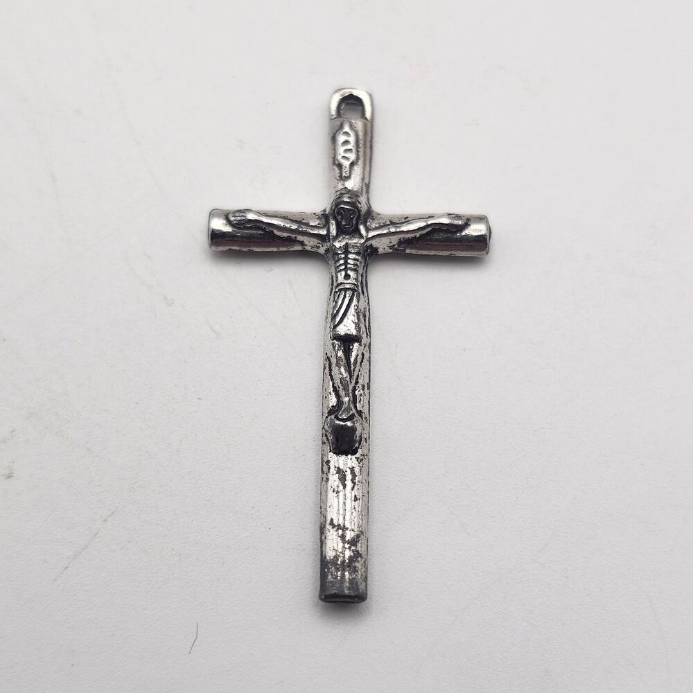 Silver Tone Tubular Crucifix Pendant Jesus Wheat Symbol Christian Cross Charm